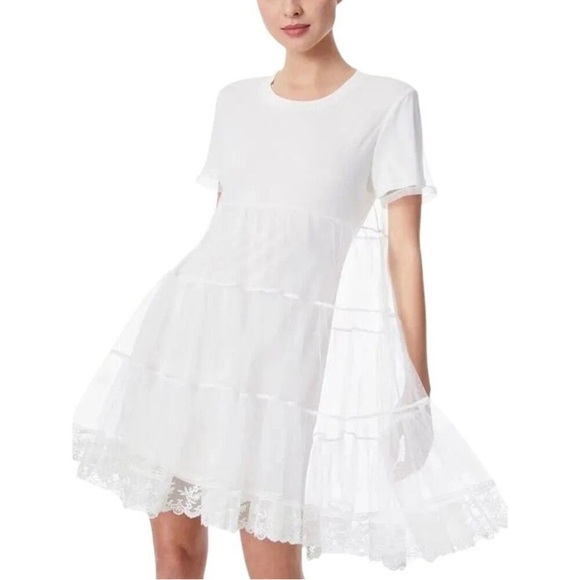 Alice + Olivia Dreema Tulle Shirt Mini Dress Short Sleeves Off White medium - Picture 2 of 6